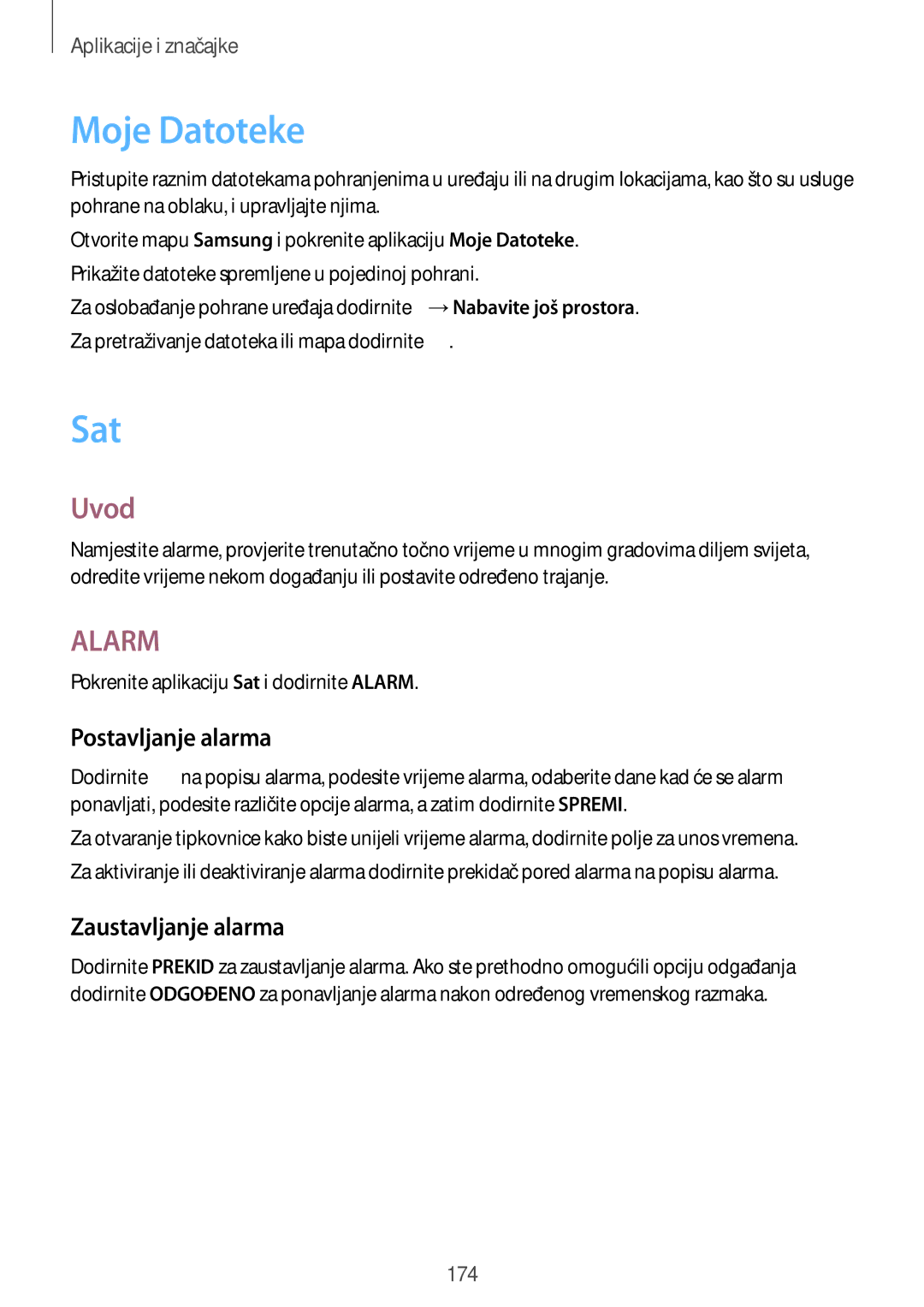 Samsung SM-N950FZDASEE, SM-N950FZKACRO, SM-N950FZDACRO manual Moje Datoteke, Sat, Postavljanje alarma, Zaustavljanje alarma 