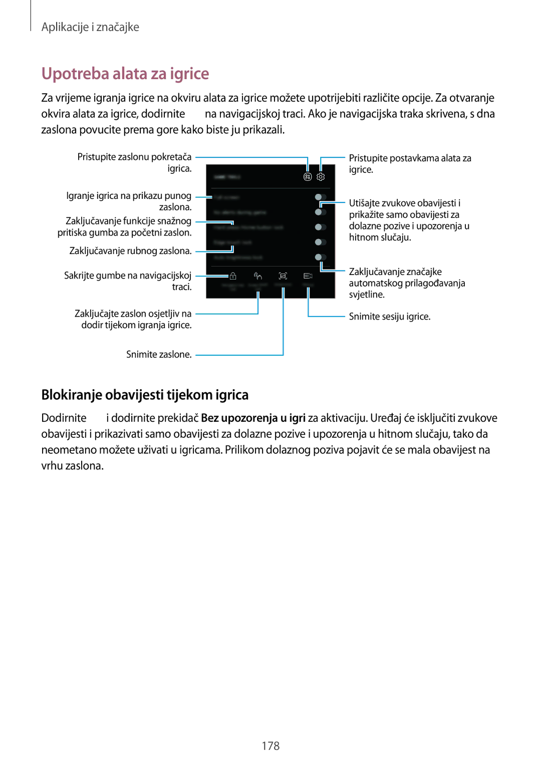 Samsung SM-N950FZDASEE, SM-N950FZKACRO, SM-N950FZDACRO manual Upotreba alata za igrice, Blokiranje obavijesti tijekom igrica 