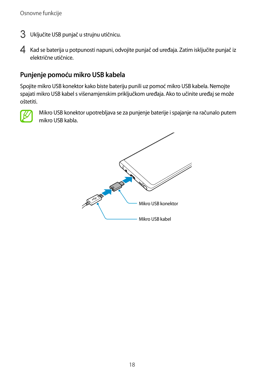 Samsung SM-N950FZDASEE, SM-N950FZKACRO, SM-N950FZDACRO, SM-N950FZKASEE manual Punjenje pomoću mikro USB kabela 