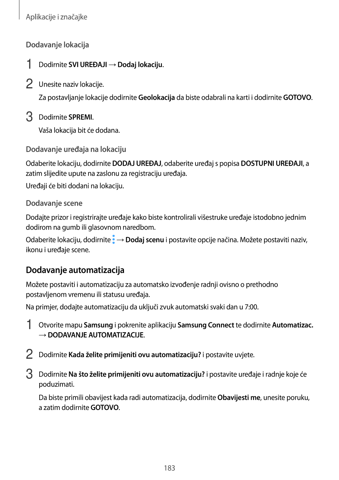 Samsung SM-N950FZKASEE manual Dodavanje automatizacija, Dodavanje lokacija, Dodavanje uređaja na lokaciju, Dodavanje scene 