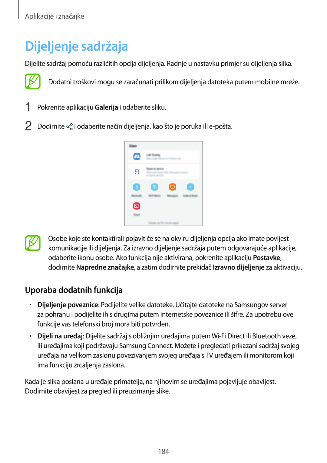 Samsung SM-N950FZKACRO, SM-N950FZDACRO, SM-N950FZDASEE, SM-N950FZKASEE manual Dijeljenje sadržaja, Uporaba dodatnih funkcija 