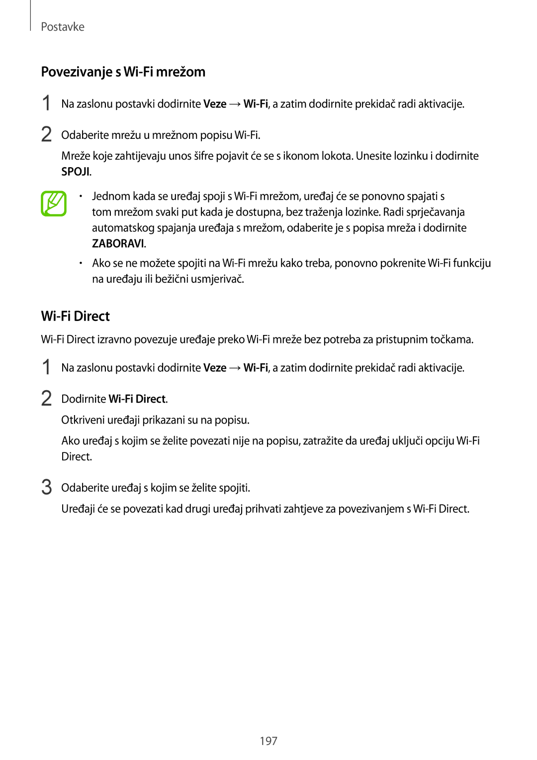 Samsung SM-N950FZDACRO, SM-N950FZKACRO, SM-N950FZDASEE manual Povezivanje s Wi-Fi mrežom, Dodirnite Wi-Fi Direct 