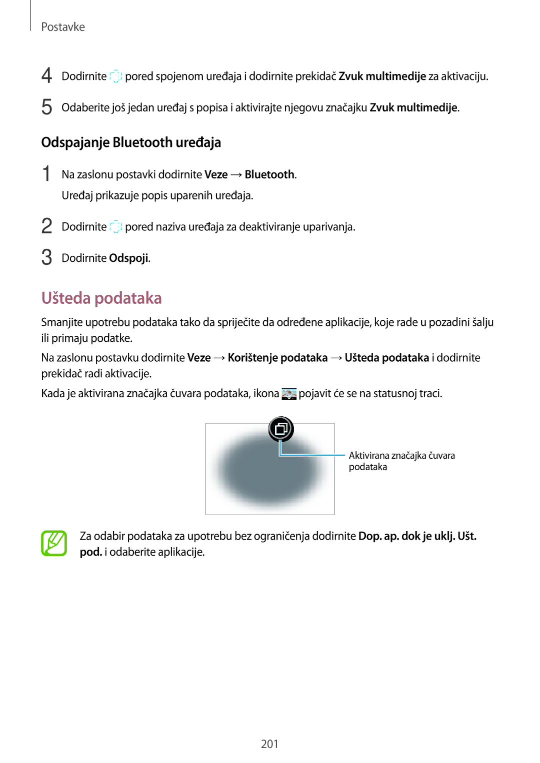 Samsung SM-N950FZDACRO, SM-N950FZKACRO, SM-N950FZDASEE, SM-N950FZKASEE manual Ušteda podataka, Odspajanje Bluetooth uređaja 