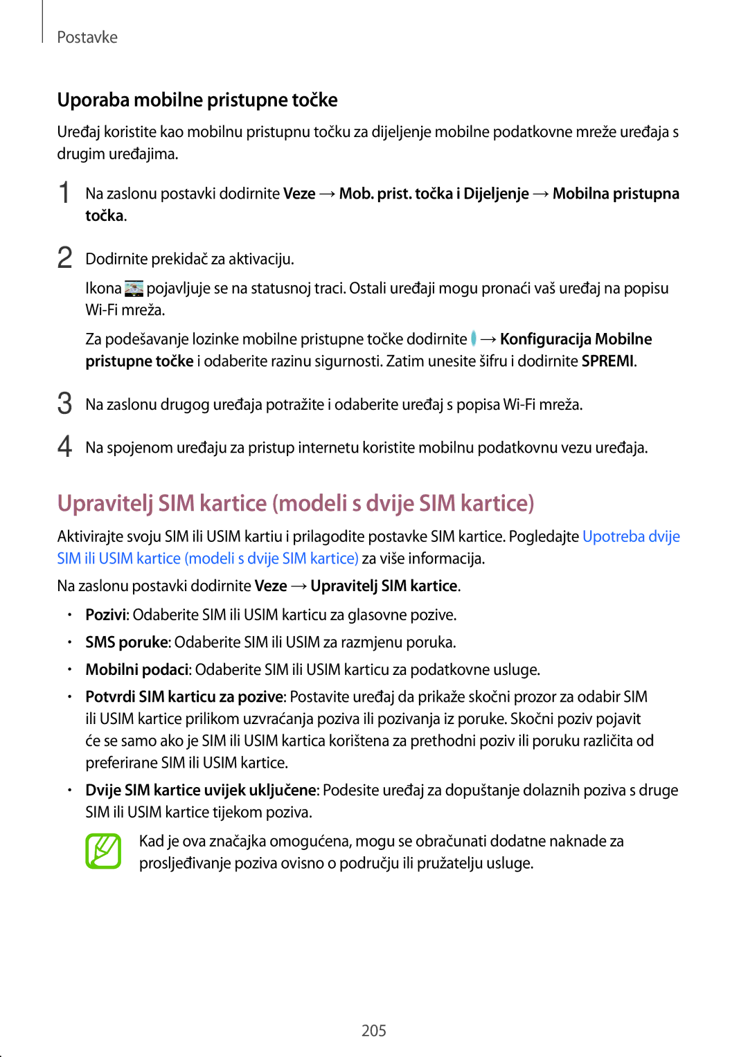 Samsung SM-N950FZDACRO manual Upravitelj SIM kartice modeli s dvije SIM kartice, Uporaba mobilne pristupne točke, Točka 