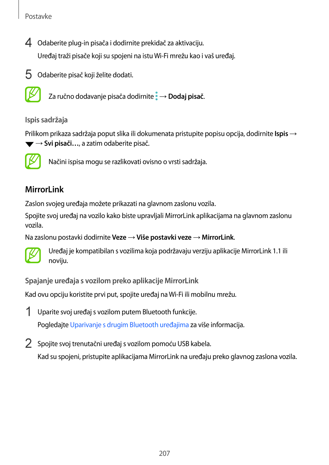 Samsung SM-N950FZKASEE, SM-N950FZKACRO manual Ispis sadržaja, Spajanje uređaja s vozilom preko aplikacije MirrorLink 