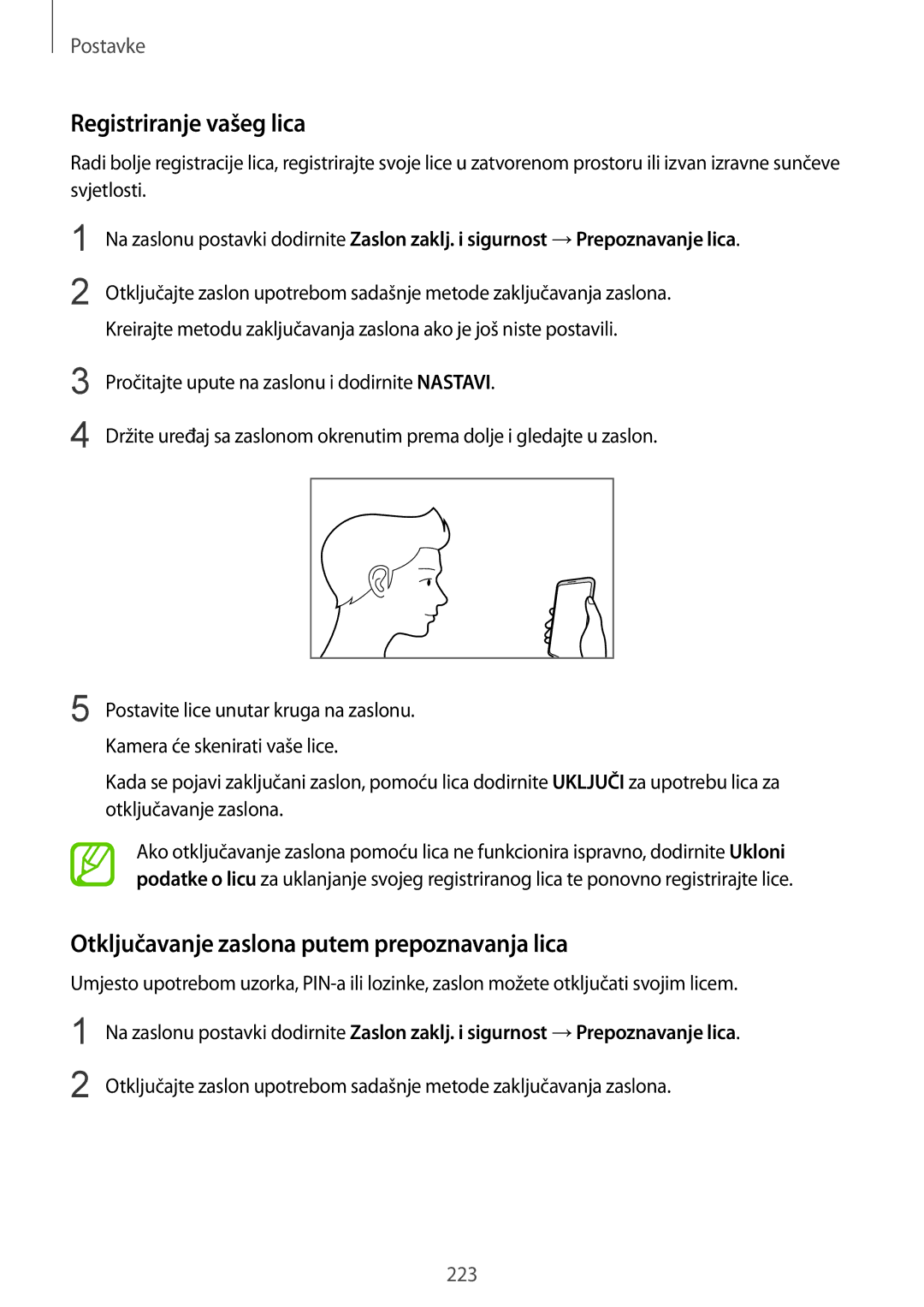 Samsung SM-N950FZKASEE, SM-N950FZKACRO manual Registriranje vašeg lica, Otključavanje zaslona putem prepoznavanja lica 