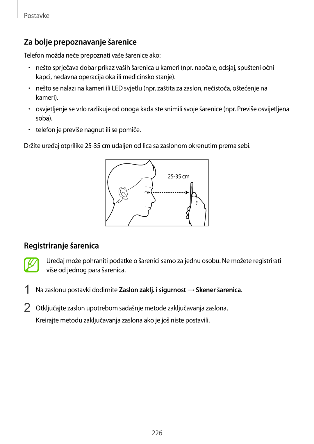 Samsung SM-N950FZDASEE, SM-N950FZKACRO, SM-N950FZDACRO manual Za bolje prepoznavanje šarenice, Registriranje šarenica 