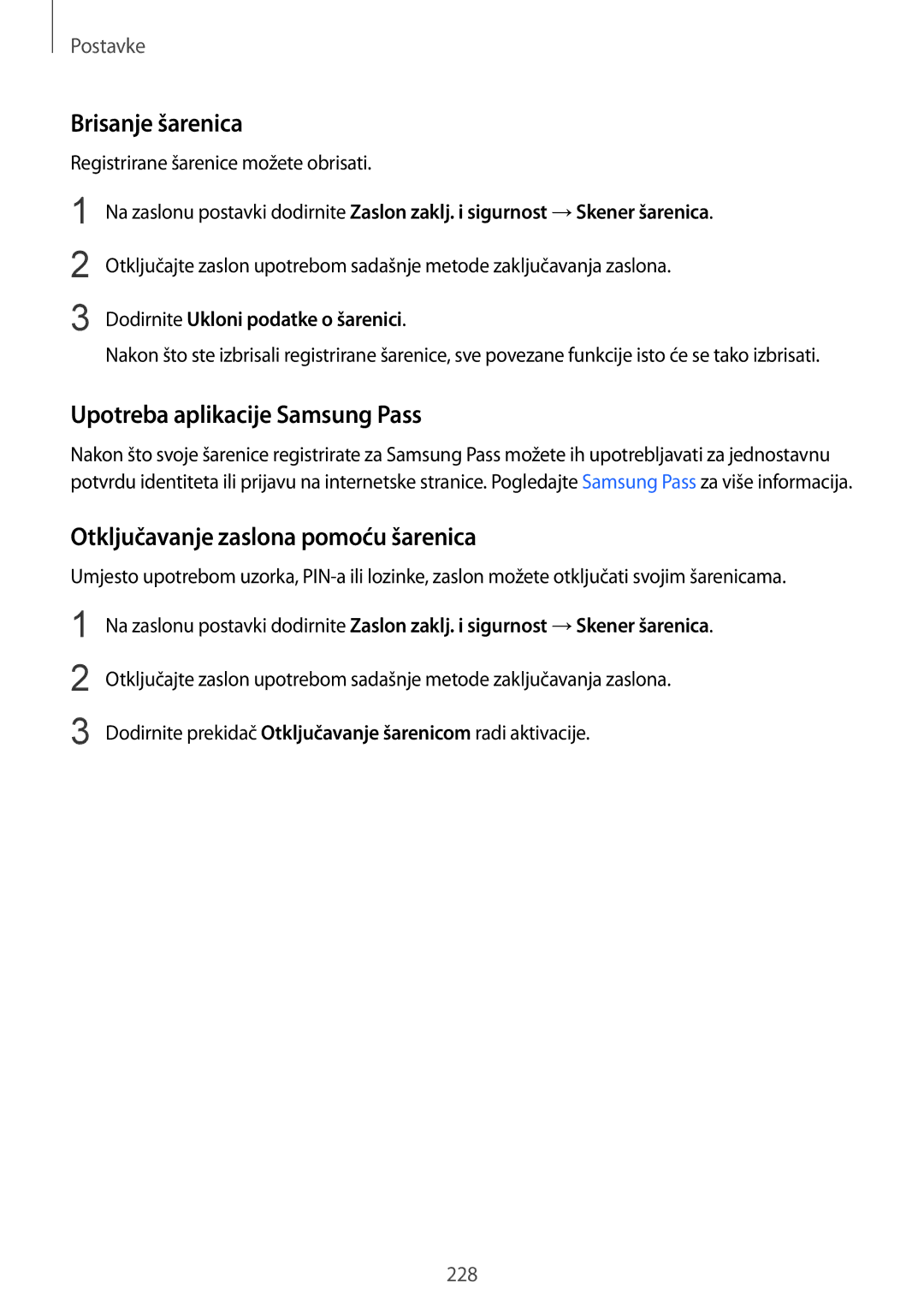 Samsung SM-N950FZKACRO manual Brisanje šarenica, Upotreba aplikacije Samsung Pass, Otključavanje zaslona pomoću šarenica 