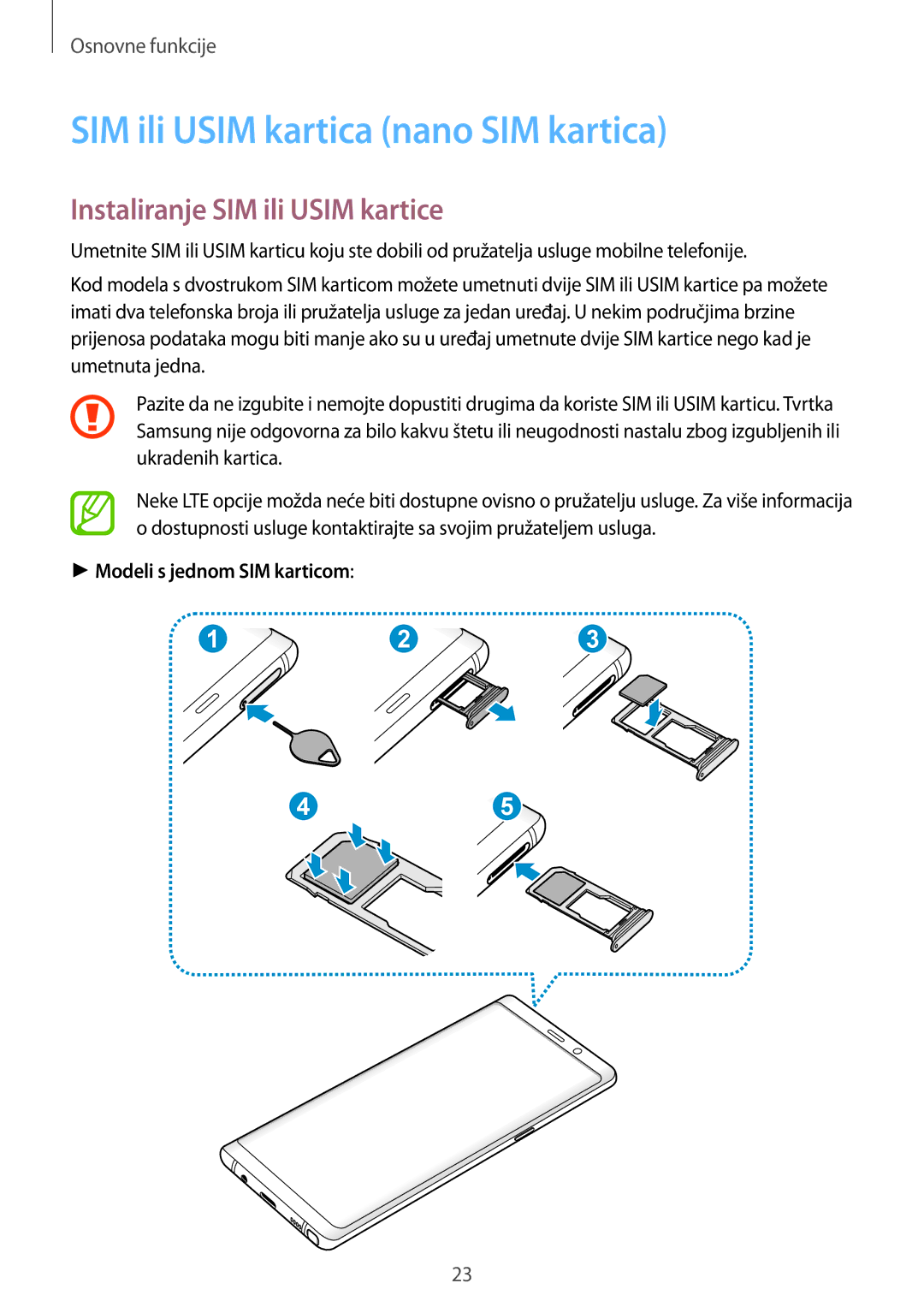 Samsung SM-N950FZKASEE, SM-N950FZKACRO manual SIM ili Usim kartica nano SIM kartica, Instaliranje SIM ili Usim kartice 