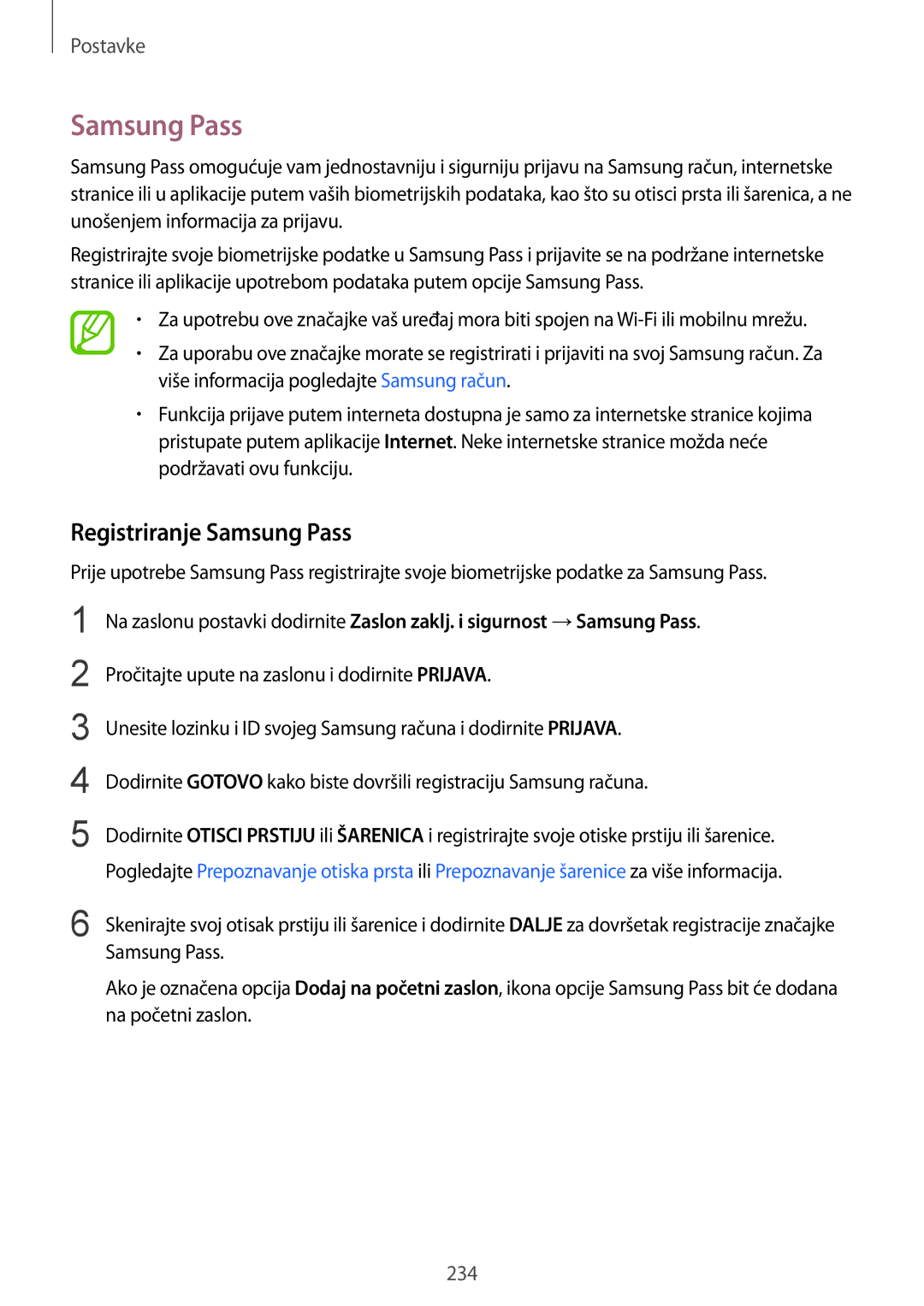 Samsung SM-N950FZDASEE, SM-N950FZKACRO, SM-N950FZDACRO, SM-N950FZKASEE manual Registriranje Samsung Pass 