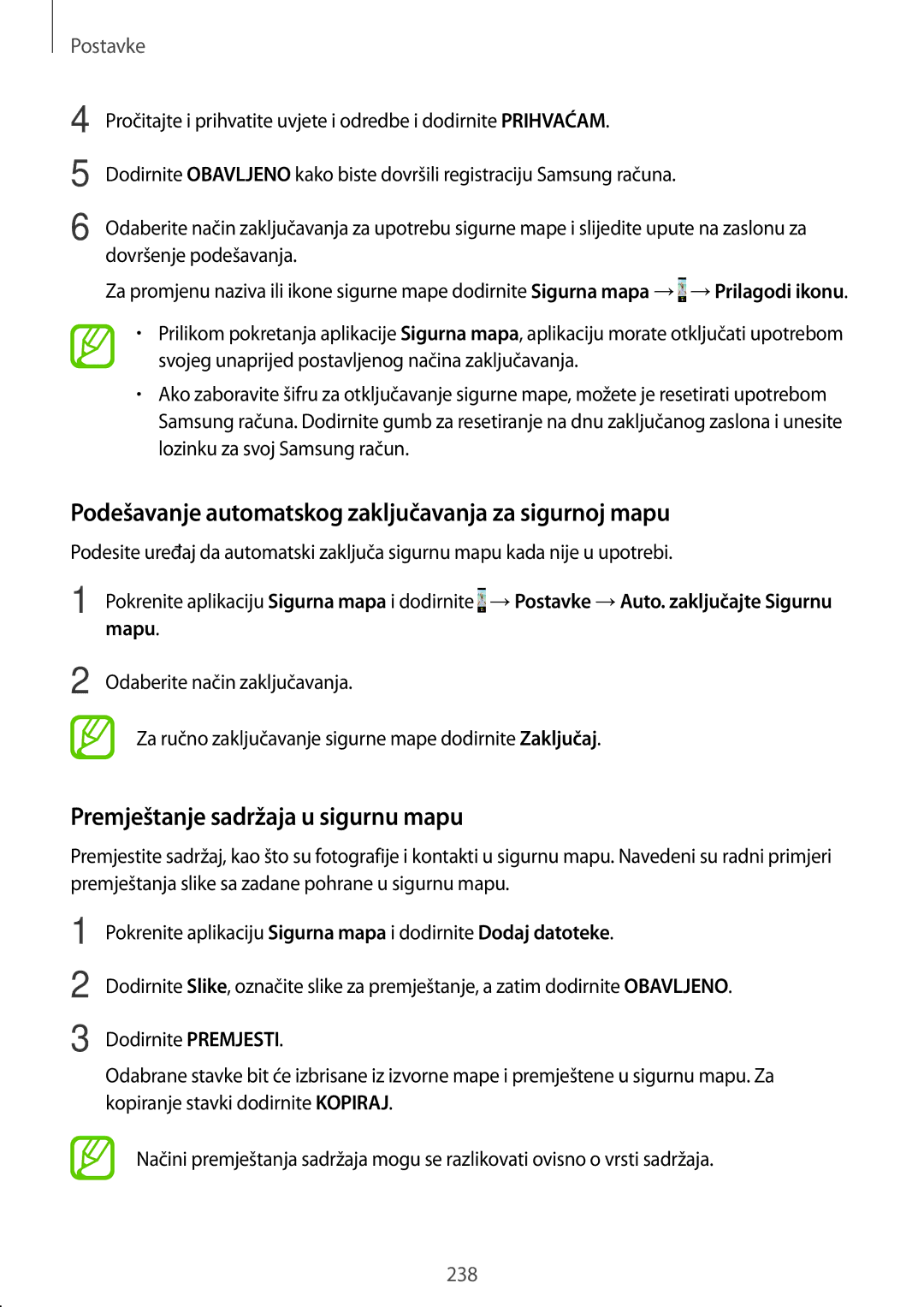 Samsung SM-N950FZDASEE manual Podešavanje automatskog zaključavanja za sigurnoj mapu, Premještanje sadržaja u sigurnu mapu 