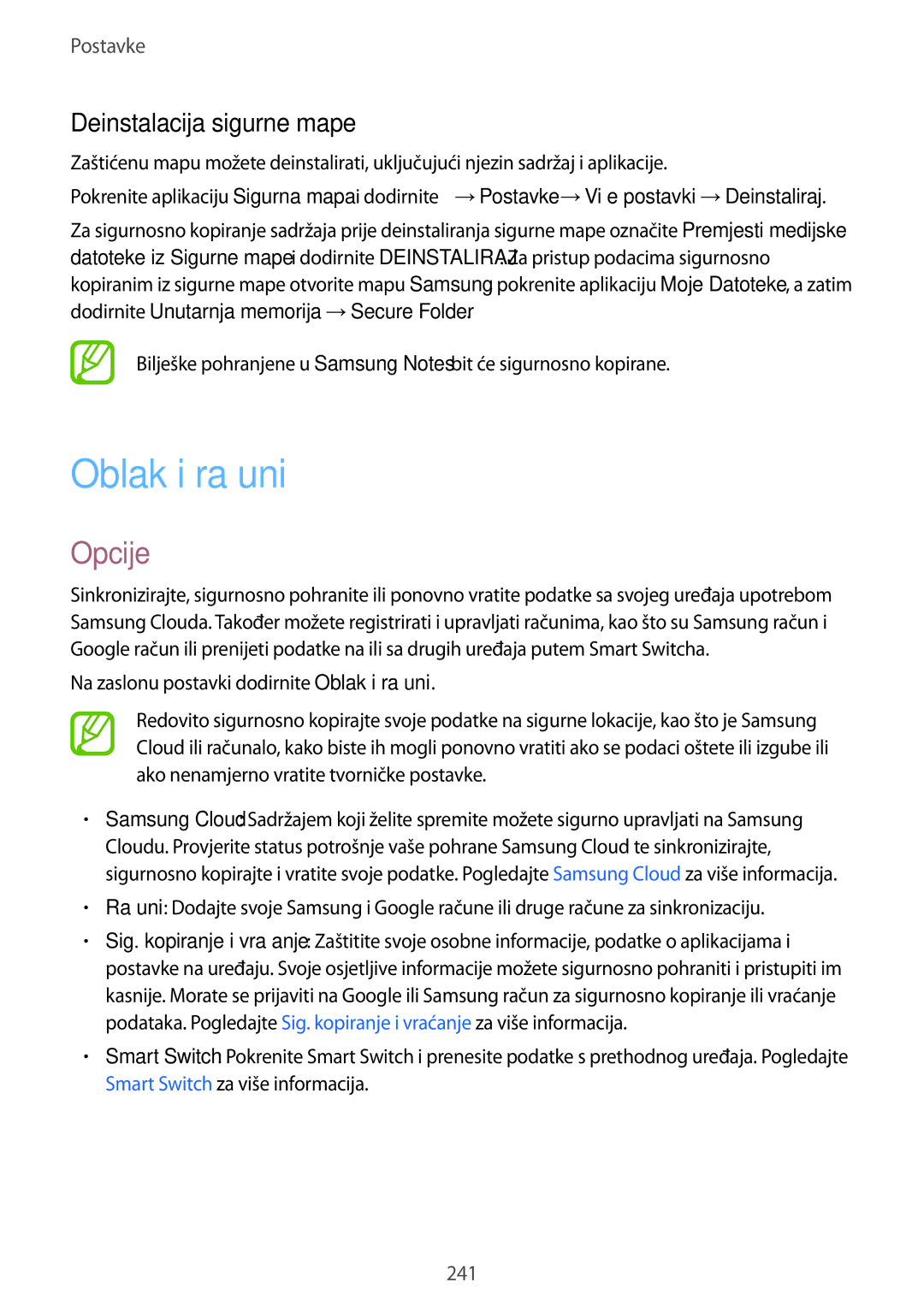 Samsung SM-N950FZDACRO, SM-N950FZKACRO, SM-N950FZDASEE, SM-N950FZKASEE manual Oblak i računi, Deinstalacija sigurne mape 
