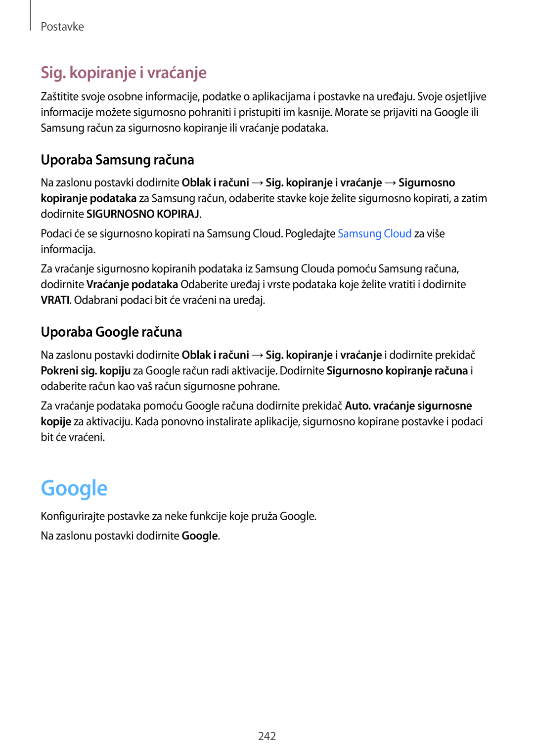 Samsung SM-N950FZDASEE, SM-N950FZKACRO manual Sig. kopiranje i vraćanje, Uporaba Samsung računa, Uporaba Google računa 
