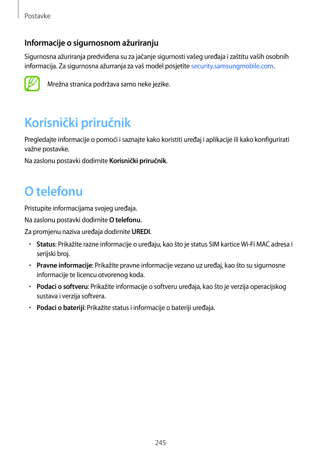 Samsung SM-N950FZDACRO, SM-N950FZKACRO, SM-N950FZDASEE Korisnički priručnik, Telefonu, Informacije o sigurnosnom ažuriranju 
