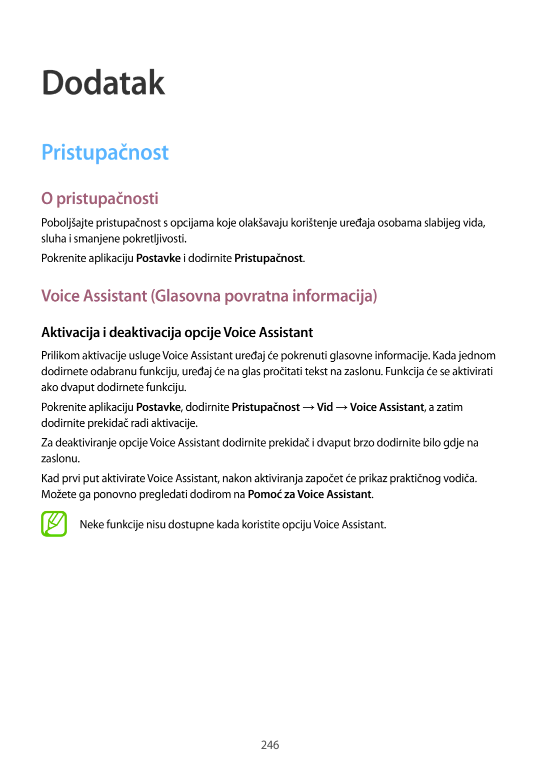 Samsung SM-N950FZDASEE, SM-N950FZKACRO, SM-N950FZDACRO manual Pristupačnosti, Voice Assistant Glasovna povratna informacija 