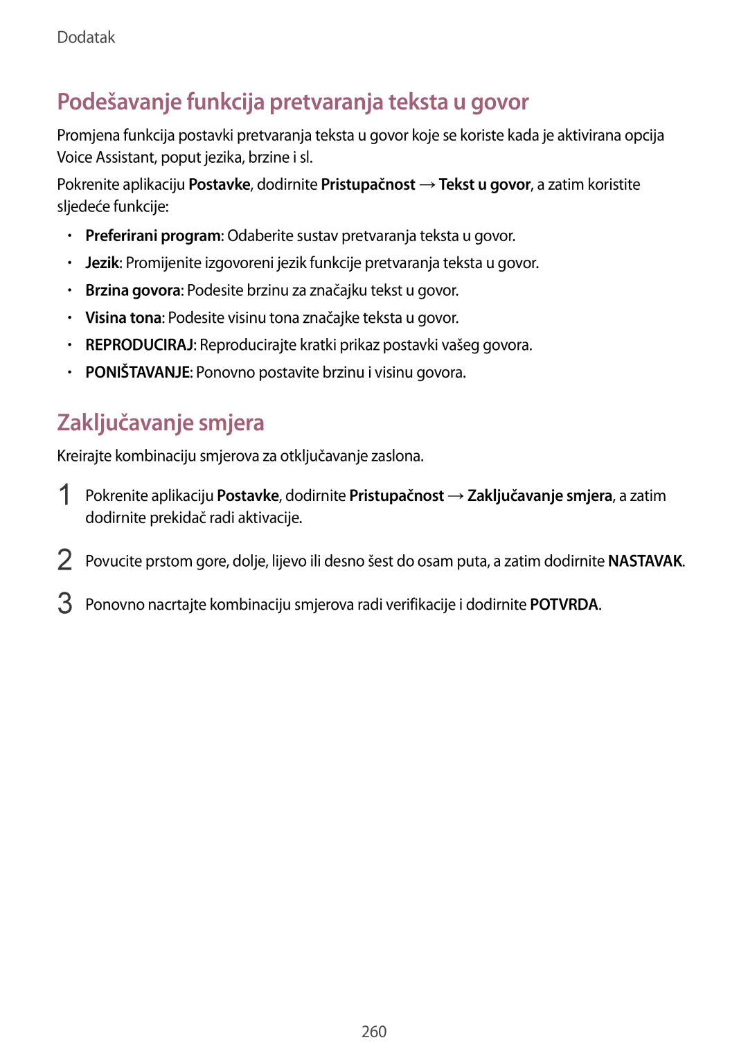 Samsung SM-N950FZKACRO, SM-N950FZDACRO manual Podešavanje funkcija pretvaranja teksta u govor, Zaključavanje smjera 