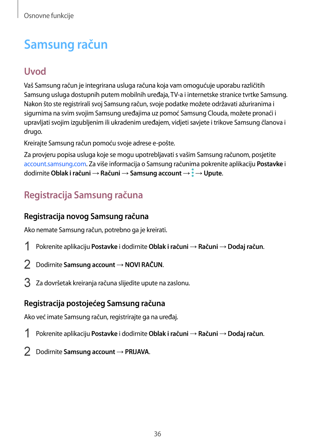 Samsung SM-N950FZKACRO, SM-N950FZDACRO manual Uvod, Registracija Samsung računa, Registracija novog Samsung računa 