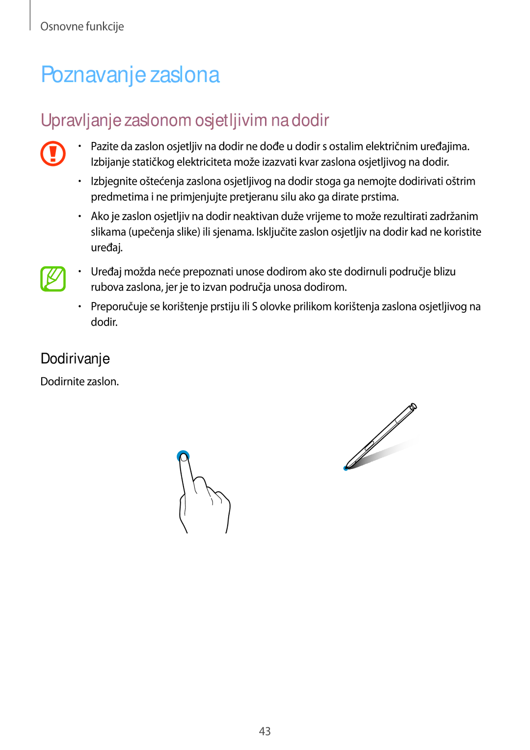 Samsung SM-N950FZKASEE manual Poznavanje zaslona, Upravljanje zaslonom osjetljivim na dodir, Dodirivanje, Dodirnite zaslon 