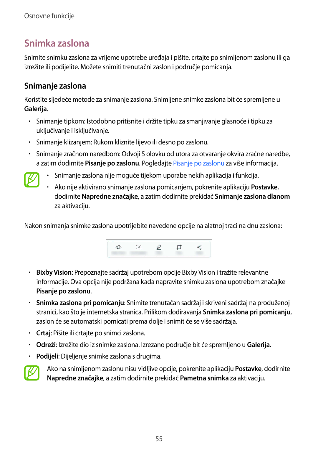 Samsung SM-N950FZKASEE, SM-N950FZKACRO, SM-N950FZDACRO, SM-N950FZDASEE manual Snimka zaslona, Snimanje zaslona 