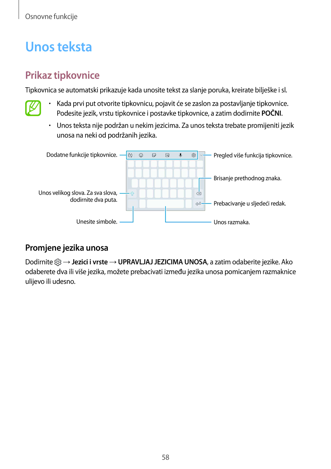 Samsung SM-N950FZDASEE, SM-N950FZKACRO, SM-N950FZDACRO, SM-N950FZKASEE Unos teksta, Prikaz tipkovnice, Promjene jezika unosa 