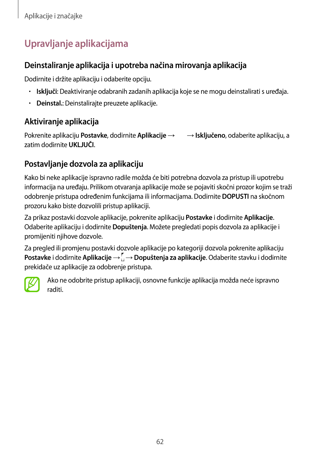 Samsung SM-N950FZDASEE manual Upravljanje aplikacijama, Aktiviranje aplikacija, Postavljanje dozvola za aplikaciju 