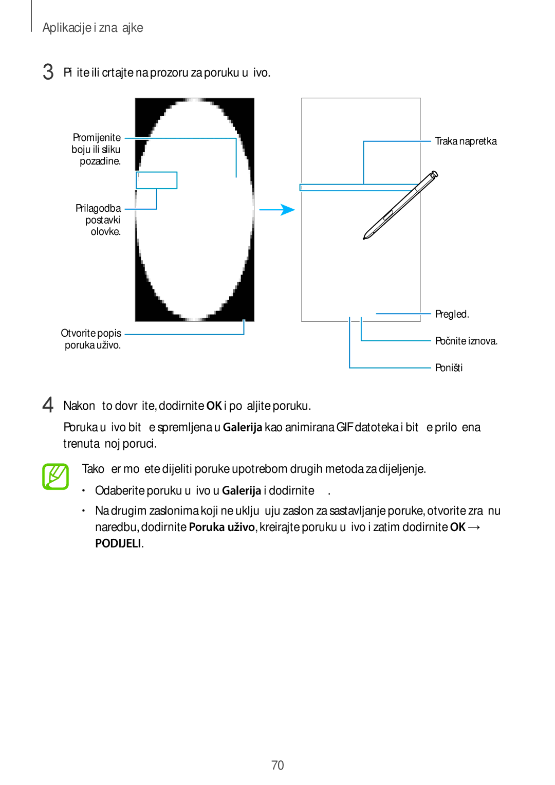 Samsung SM-N950FZDASEE, SM-N950FZKACRO, SM-N950FZDACRO, SM-N950FZKASEE manual Pišite ili crtajte na prozoru za poruku uživo 