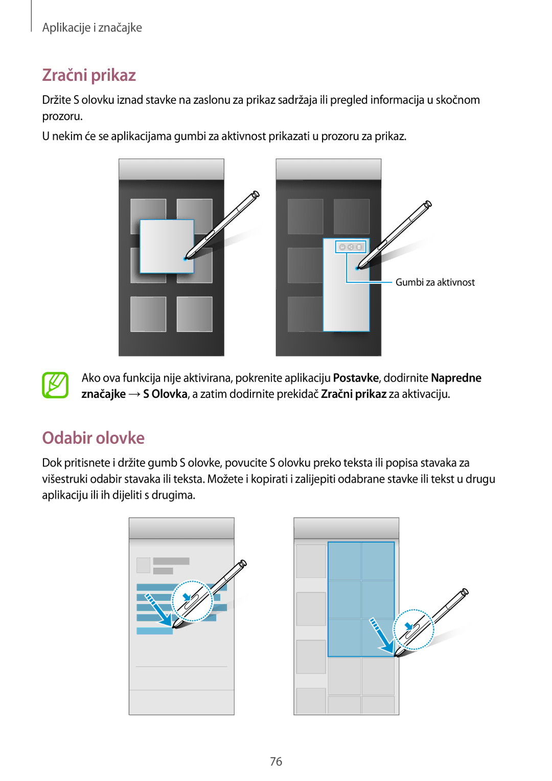 Samsung SM-N950FZKACRO, SM-N950FZDACRO, SM-N950FZDASEE, SM-N950FZKASEE manual Zračni prikaz, Odabir olovke 