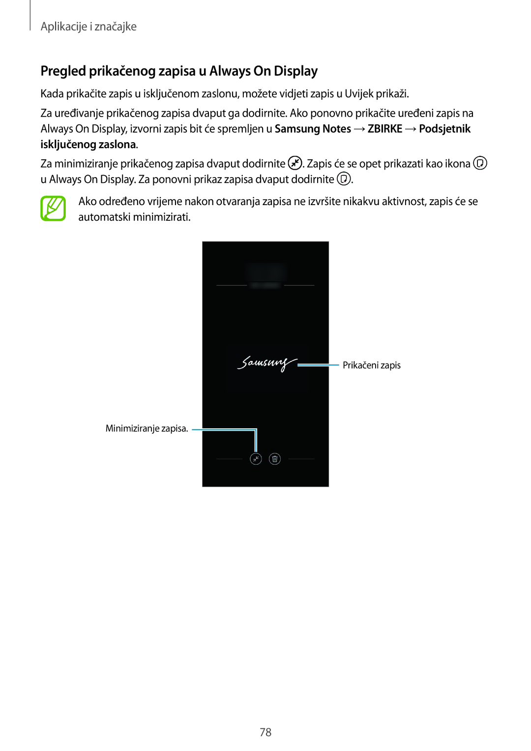 Samsung SM-N950FZDASEE, SM-N950FZKACRO, SM-N950FZDACRO, SM-N950FZKASEE manual Pregled prikačenog zapisa u Always On Display 