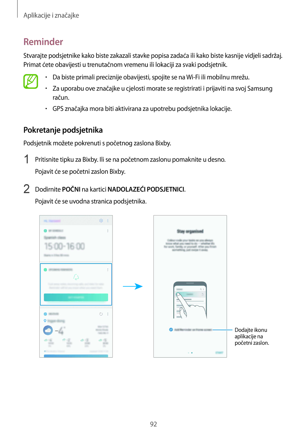 Samsung SM-N950FZKACRO, SM-N950FZDACRO Reminder, Pokretanje podsjetnika, Dodirnite Počni na kartici Nadolazeći Podsjetnici 