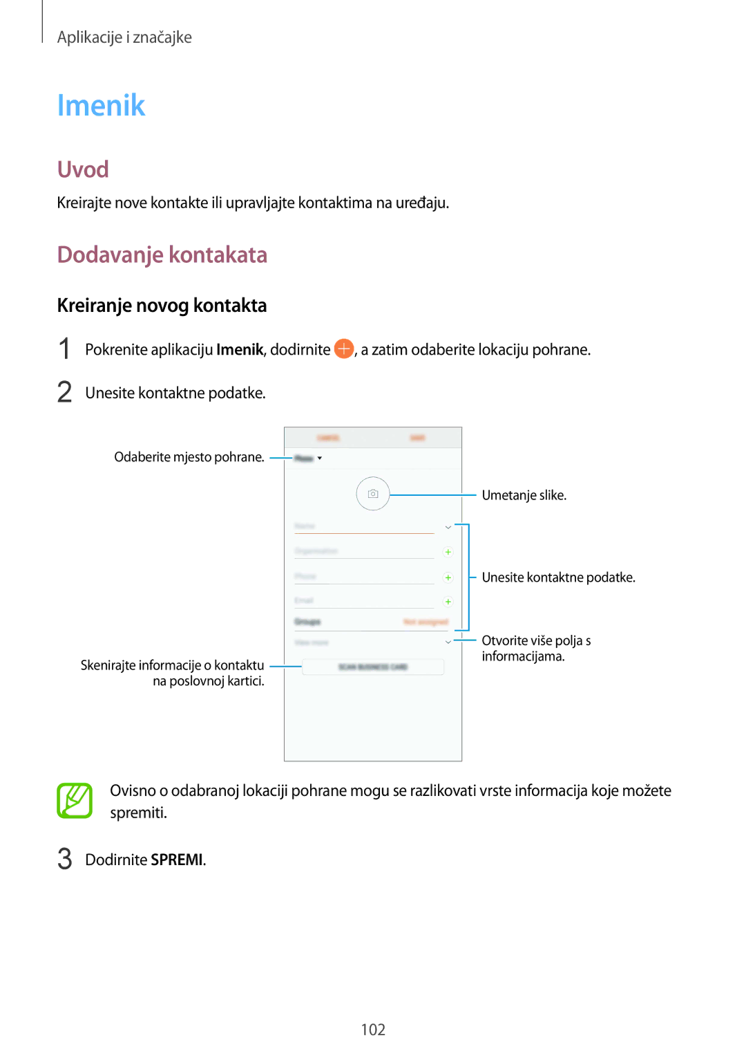 Samsung SM-N950FZDASEE, SM-N950FZKACRO, SM-N950FZDACRO, SM-N950FZKASEE Imenik, Dodavanje kontakata, Kreiranje novog kontakta 