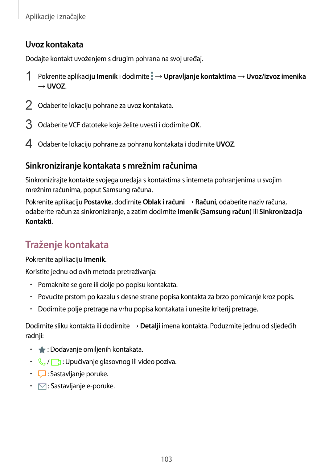 Samsung SM-N950FZKASEE, SM-N950FZKACRO Traženje kontakata, Uvoz kontakata, Sinkroniziranje kontakata s mrežnim računima 