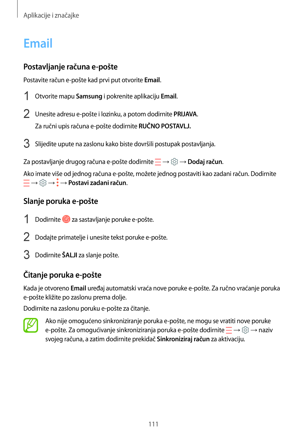 Samsung SM-N950FZKASEE, SM-N950FZKACRO manual Postavljanje računa e-pošte, Slanje poruka e-pošte, Čitanje poruka e-pošte 