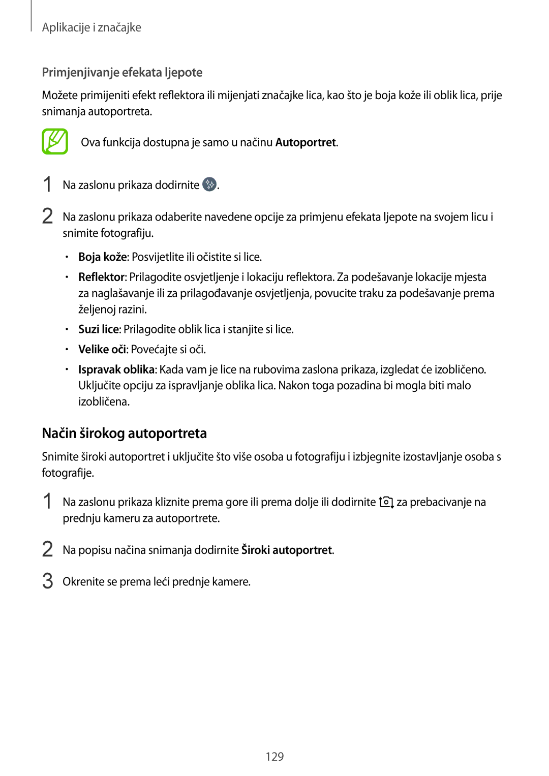 Samsung SM-N950FZDACRO, SM-N950FZKACRO, SM-N950FZDASEE manual Način širokog autoportreta, Primjenjivanje efekata ljepote 