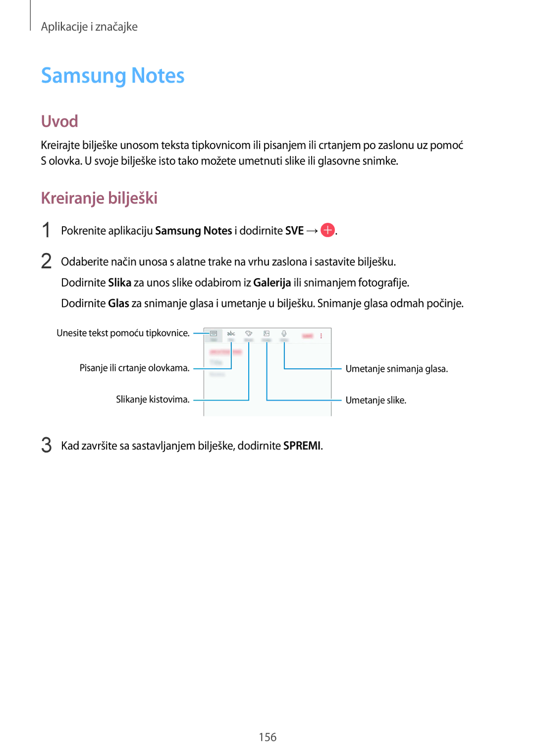 Samsung SM-N950FZKACRO, SM-N950FZDACRO manual Kreiranje bilješki, Pokrenite aplikaciju Samsung Notes i dodirnite SVE → 