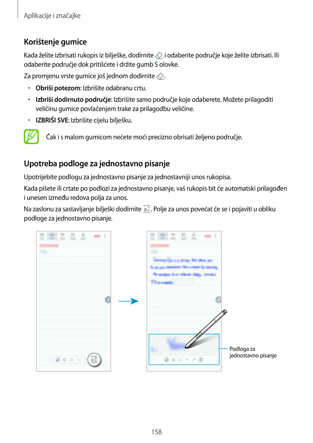 Samsung SM-N950FZDASEE, SM-N950FZKACRO, SM-N950FZDACRO manual Korištenje gumice, Upotreba podloge za jednostavno pisanje 