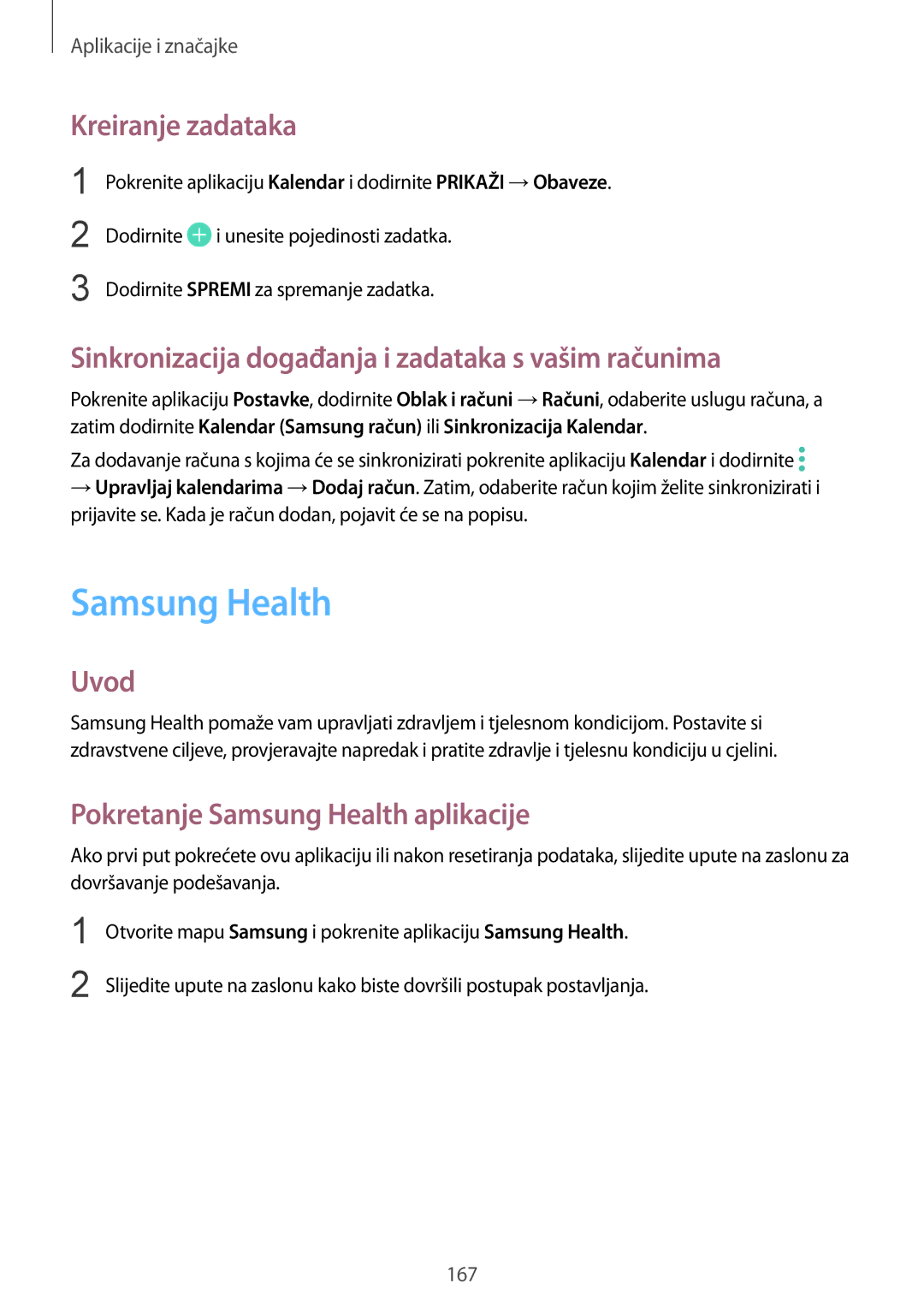 Samsung SM-N950FZKASEE manual Samsung Health, Kreiranje zadataka, Sinkronizacija događanja i zadataka s vašim računima 