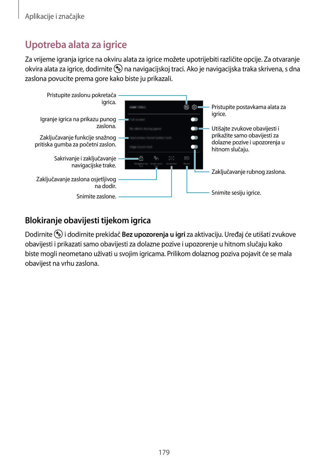 Samsung SM-N950FZKASEE, SM-N950FZKACRO, SM-N950FZDACRO manual Upotreba alata za igrice, Blokiranje obavijesti tijekom igrica 