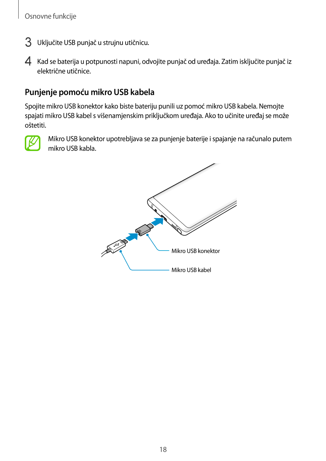 Samsung SM-N950FZDASEE, SM-N950FZKACRO, SM-N950FZDACRO, SM-N950FZKASEE manual Punjenje pomoću mikro USB kabela 