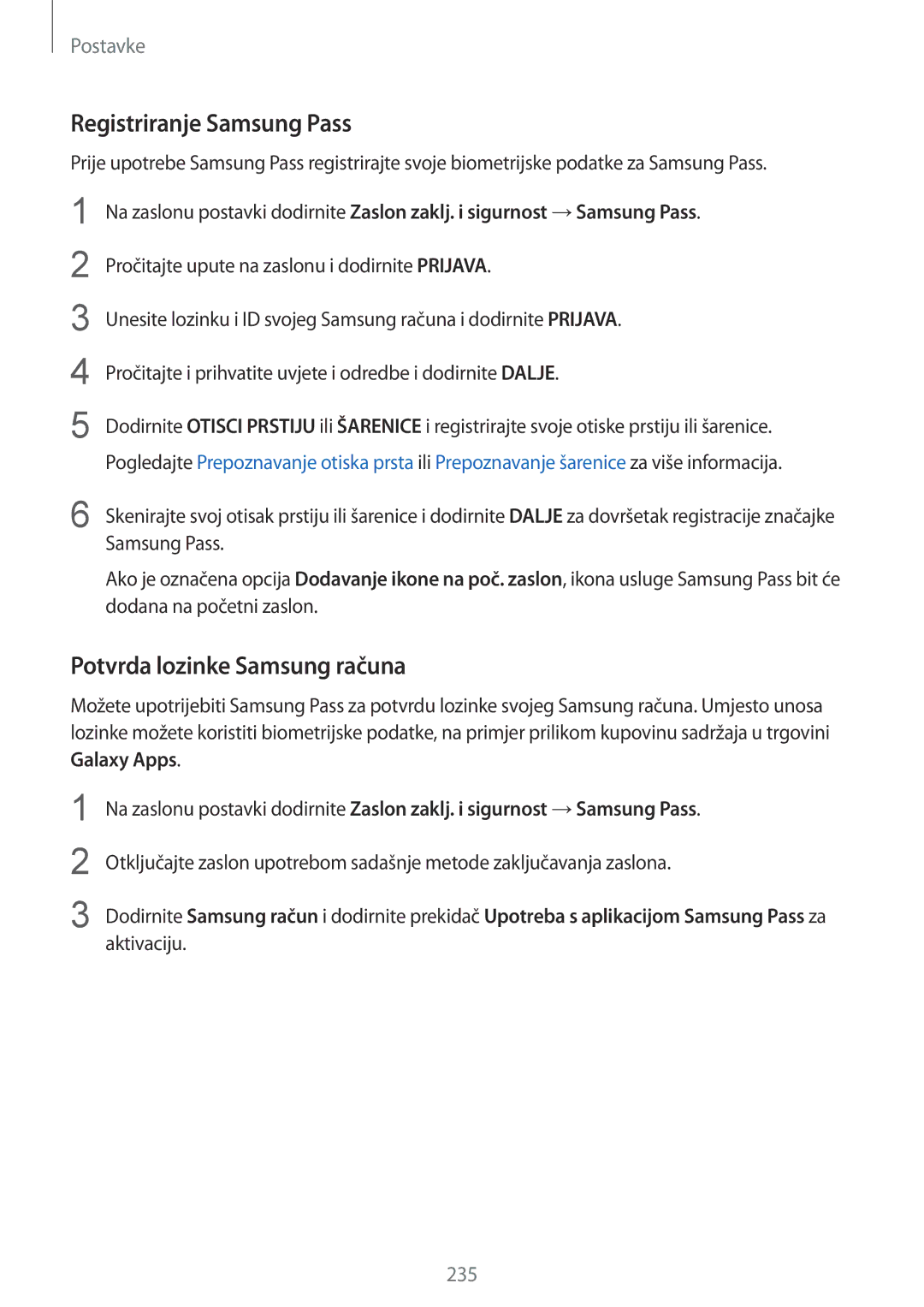 Samsung SM-N950FZKASEE, SM-N950FZKACRO manual Registriranje Samsung Pass, Potvrda lozinke Samsung računa, Aktivaciju 