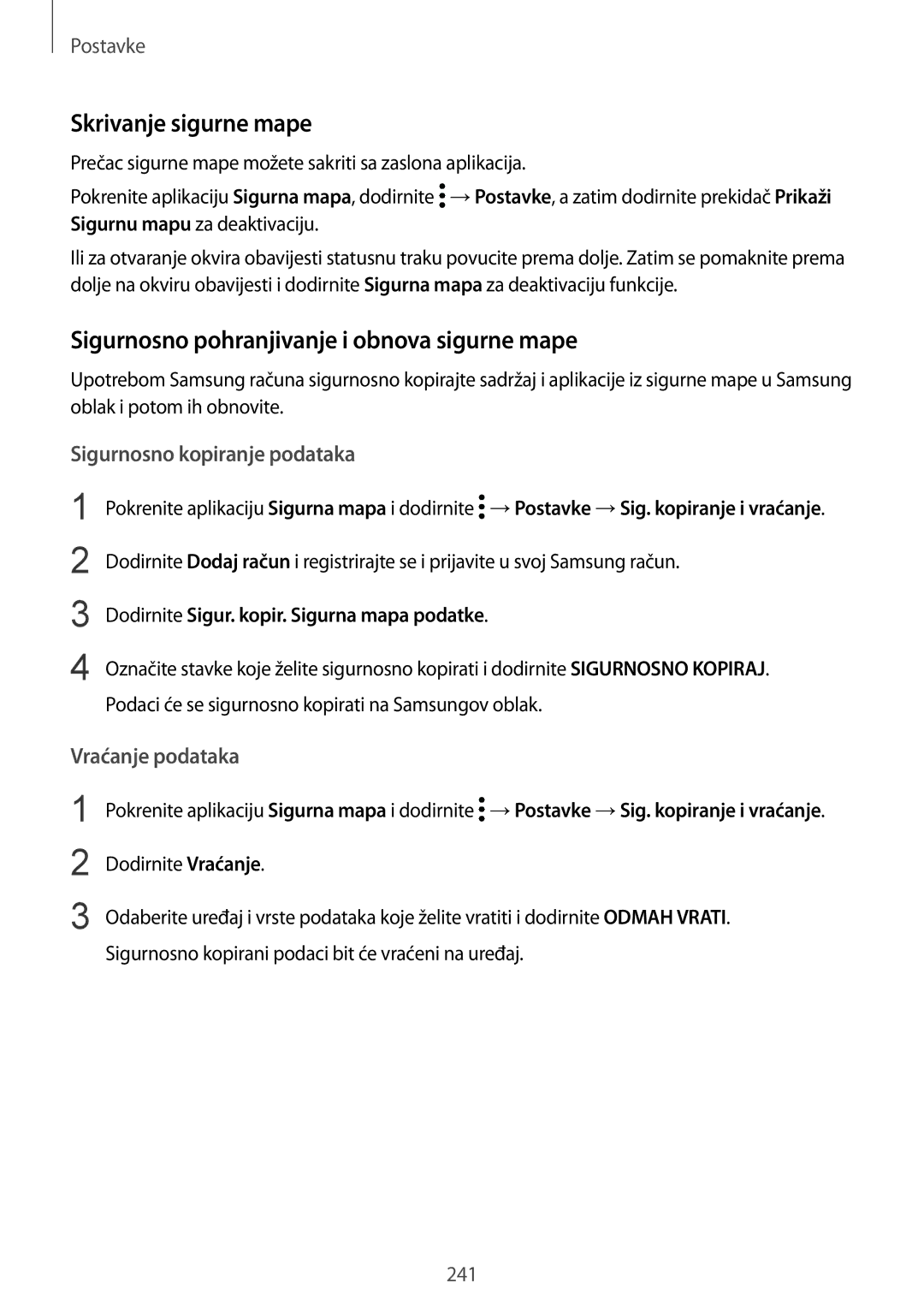 Samsung SM-N950FZDACRO manual Skrivanje sigurne mape, Sigurnosno pohranjivanje i obnova sigurne mape, Vraćanje podataka 