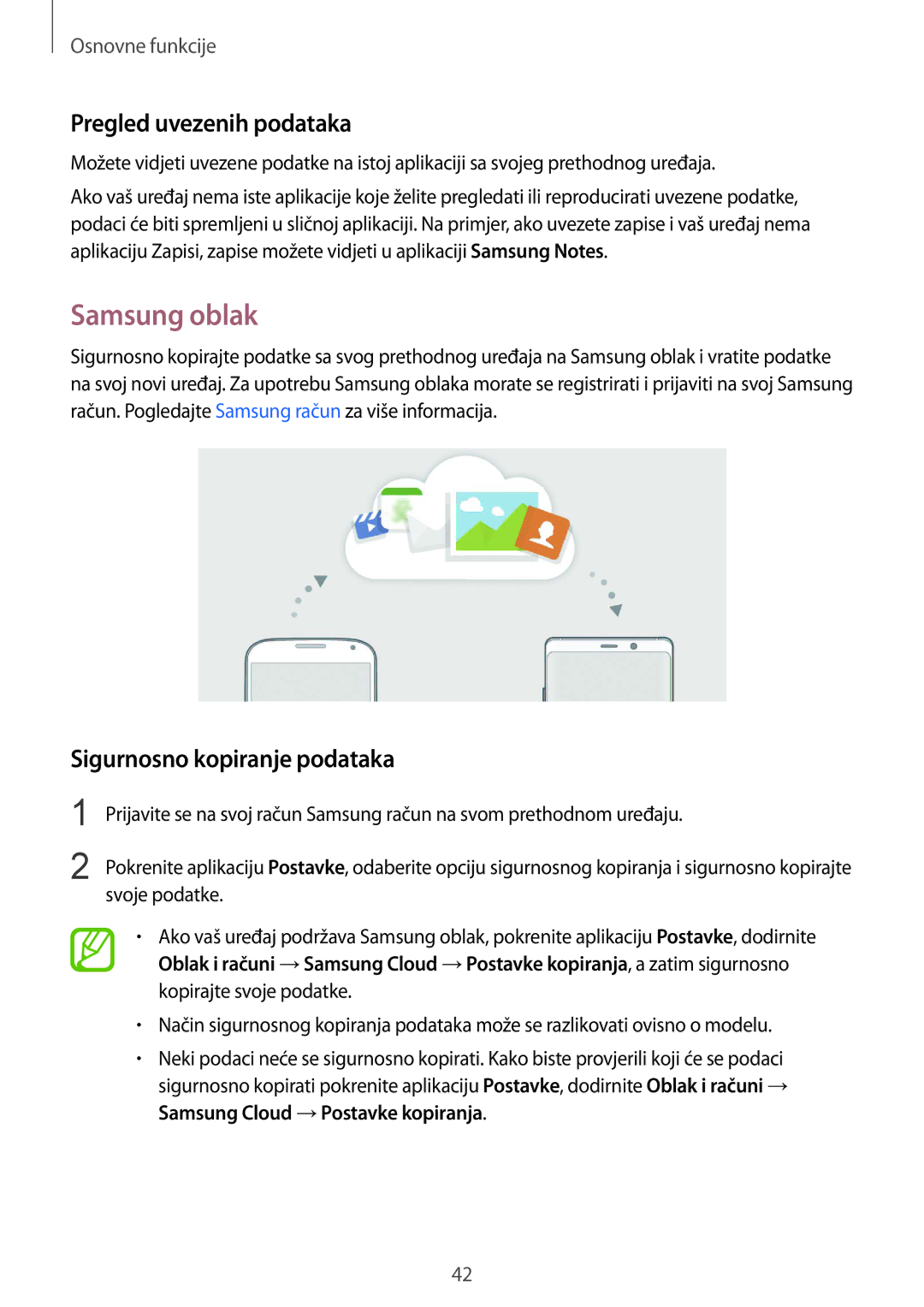 Samsung SM-N950FZDASEE, SM-N950FZKACRO manual Samsung oblak, Pregled uvezenih podataka, Sigurnosno kopiranje podataka 