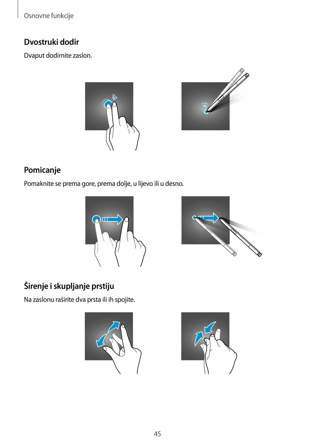 Samsung SM-N950FZDACRO, SM-N950FZKACRO, SM-N950FZDASEE manual Dvostruki dodir, Pomicanje, Širenje i skupljanje prstiju 