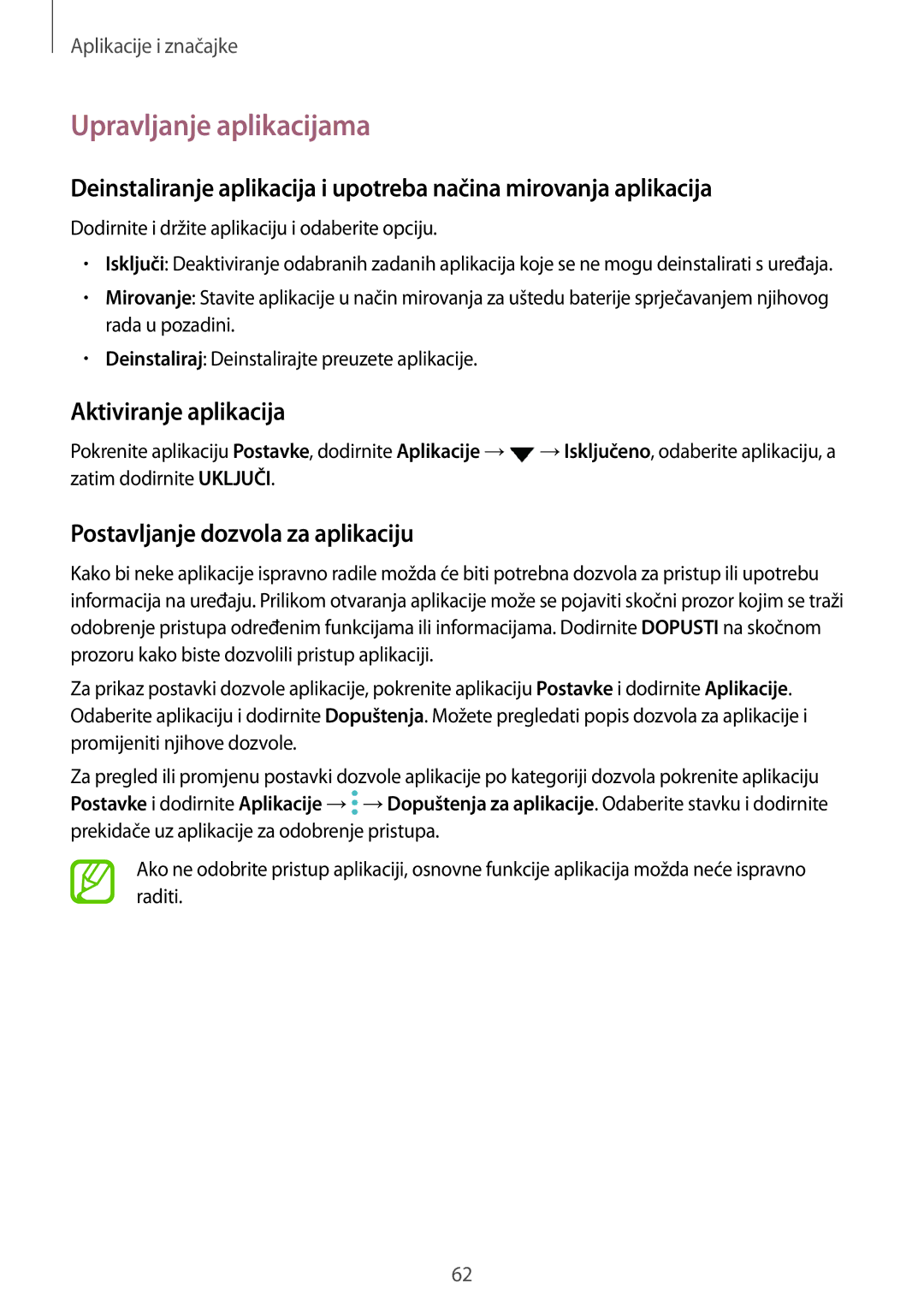 Samsung SM-N950FZDASEE manual Upravljanje aplikacijama, Aktiviranje aplikacija, Postavljanje dozvola za aplikaciju 