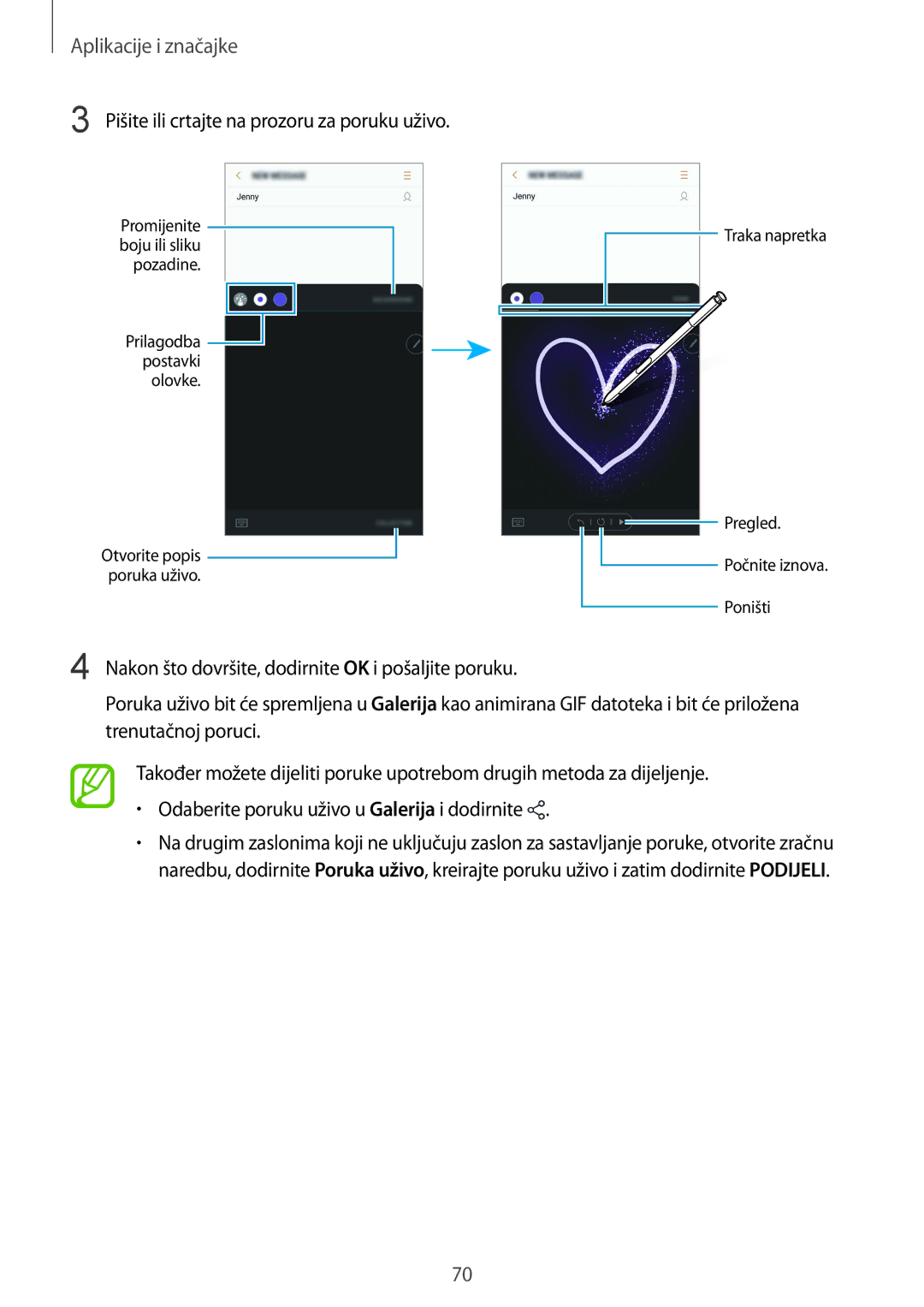 Samsung SM-N950FZDASEE, SM-N950FZKACRO, SM-N950FZDACRO, SM-N950FZKASEE manual Pišite ili crtajte na prozoru za poruku uživo 