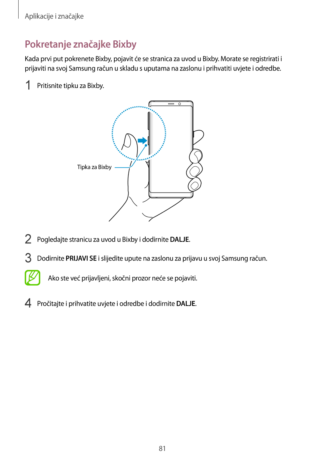 Samsung SM-N950FZDACRO, SM-N950FZKACRO, SM-N950FZDASEE, SM-N950FZKASEE Pokretanje značajke Bixby, Pritisnite tipku za Bixby 