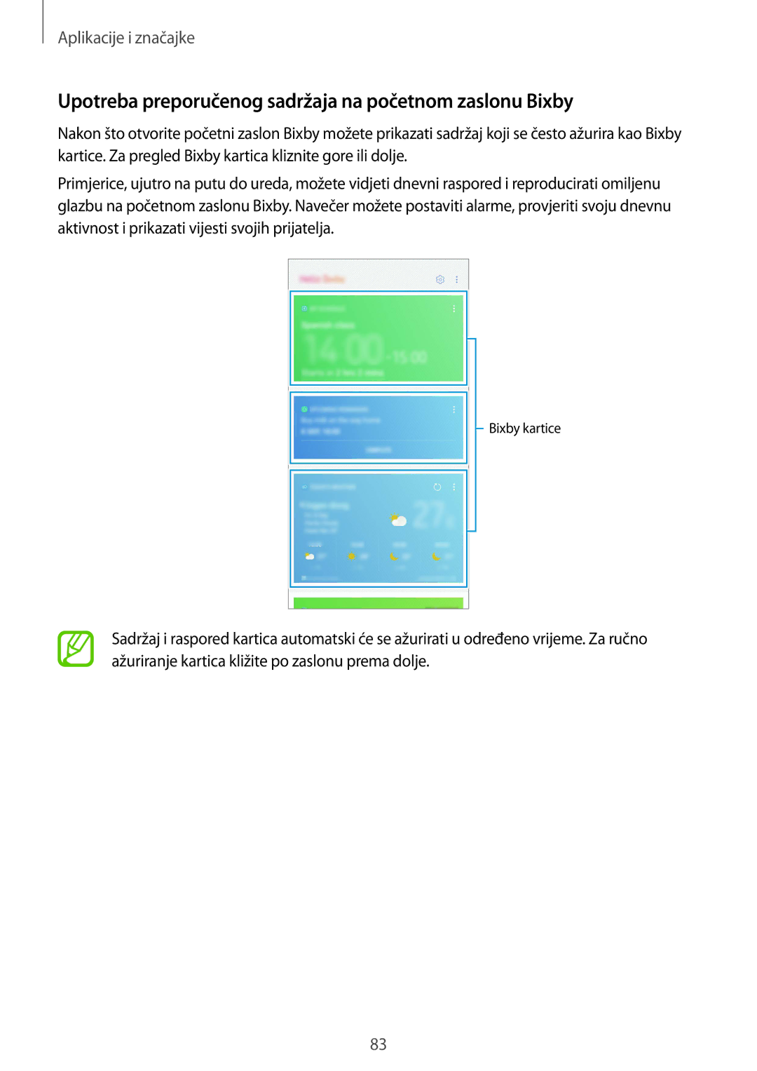 Samsung SM-N950FZKASEE, SM-N950FZKACRO, SM-N950FZDACRO manual Upotreba preporučenog sadržaja na početnom zaslonu Bixby 