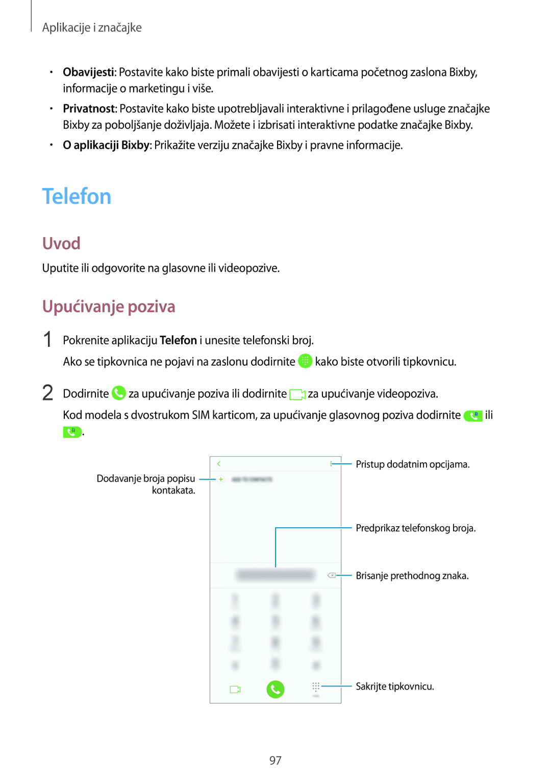Samsung SM-N950FZDACRO, SM-N950FZKACRO manual Telefon, Upućivanje poziva, Uputite ili odgovorite na glasovne ili videopozive 