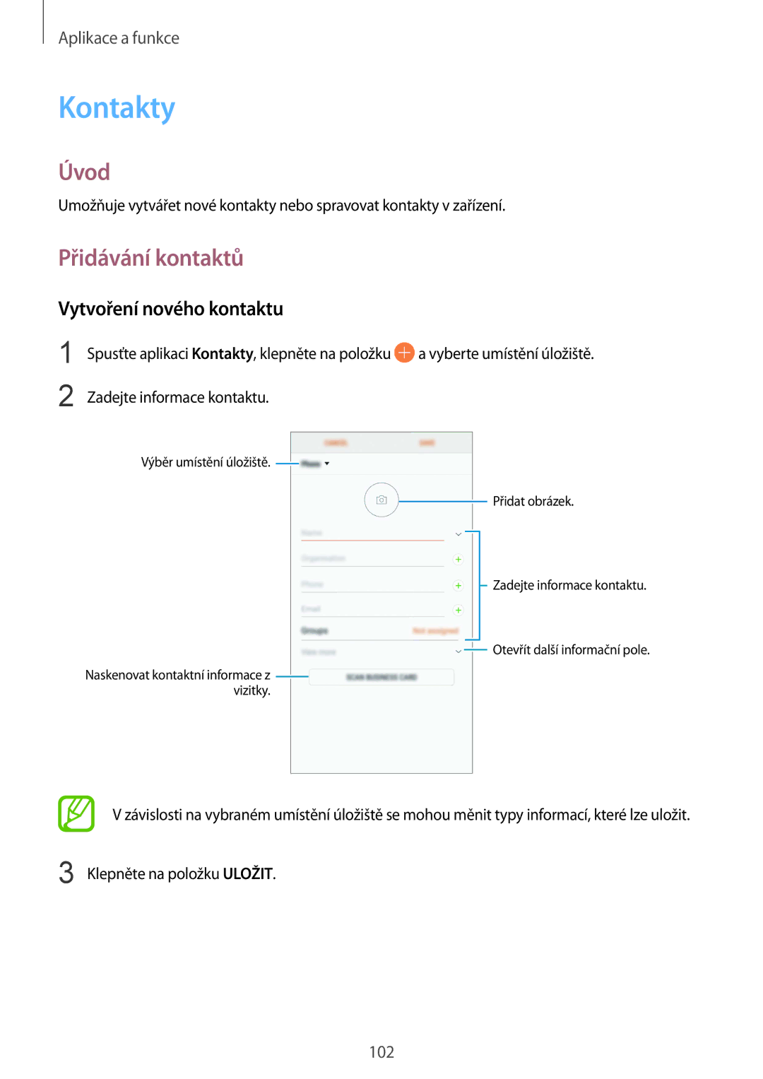 Samsung SM-N950FZDDETL, SM-N950FZKAO2C, SM-N950FZBDETL manual Kontakty, Přidávání kontaktů, Vytvoření nového kontaktu 