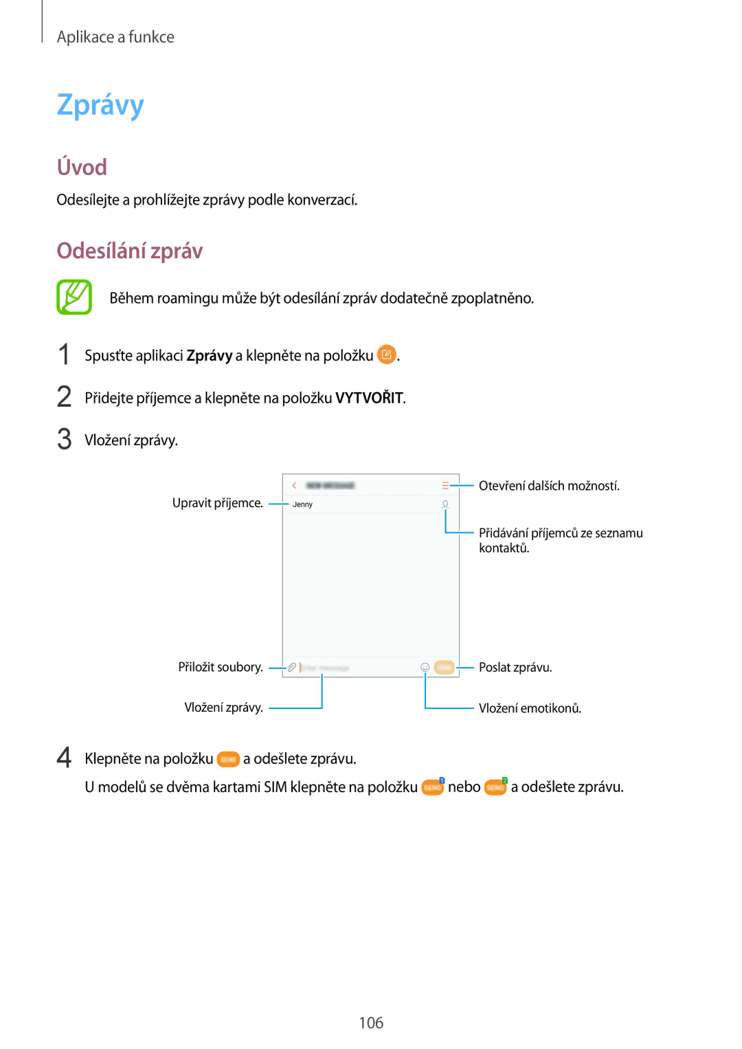 Samsung SM-N950FZDDETL, SM-N950FZKAO2C, SM-N950FZBDETL, SM-N950FZKDETL manual Zprávy, Odesílání zpráv 