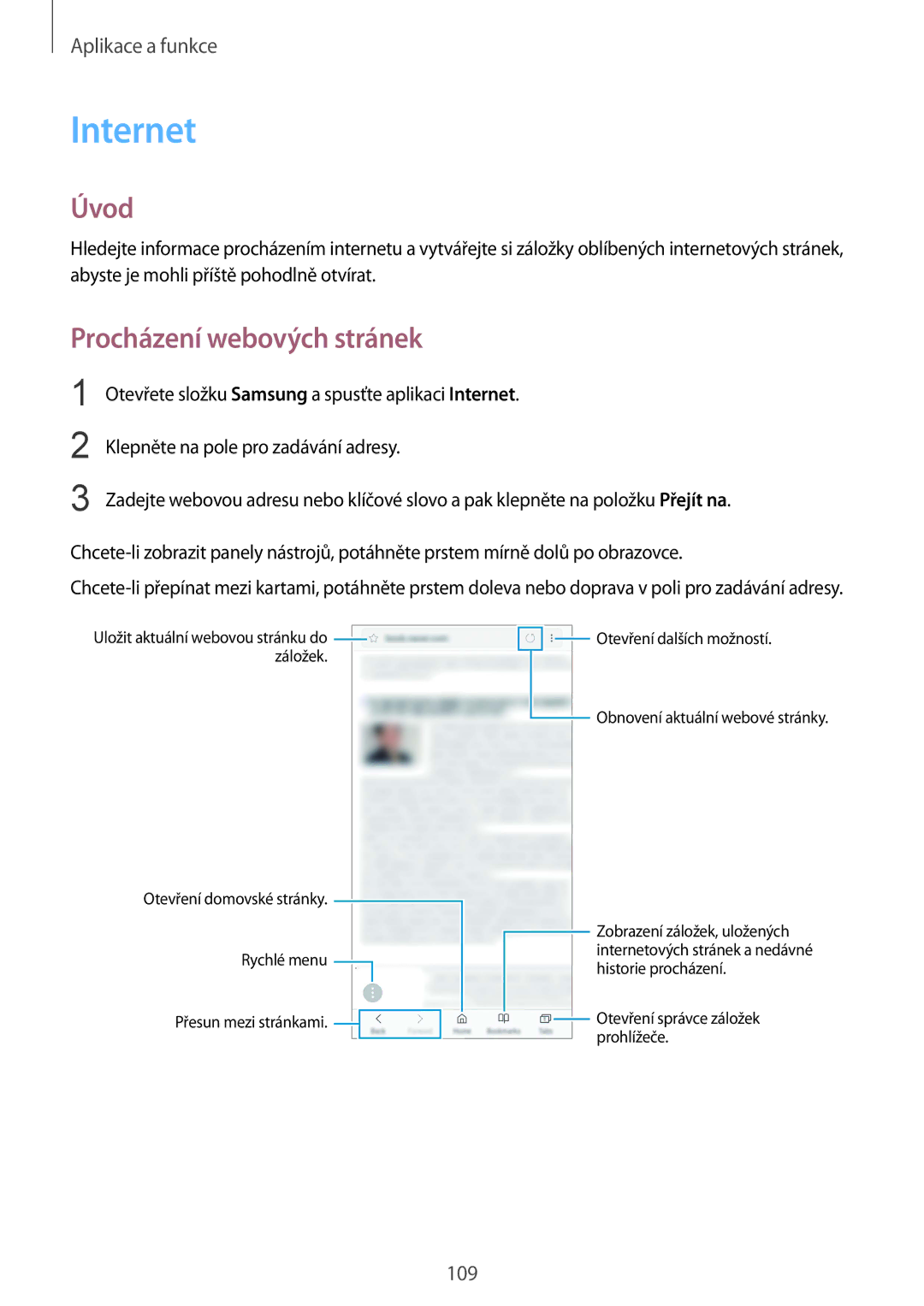Samsung SM-N950FZBDETL, SM-N950FZKAO2C, SM-N950FZDDETL, SM-N950FZKDETL manual Internet, Procházení webových stránek 
